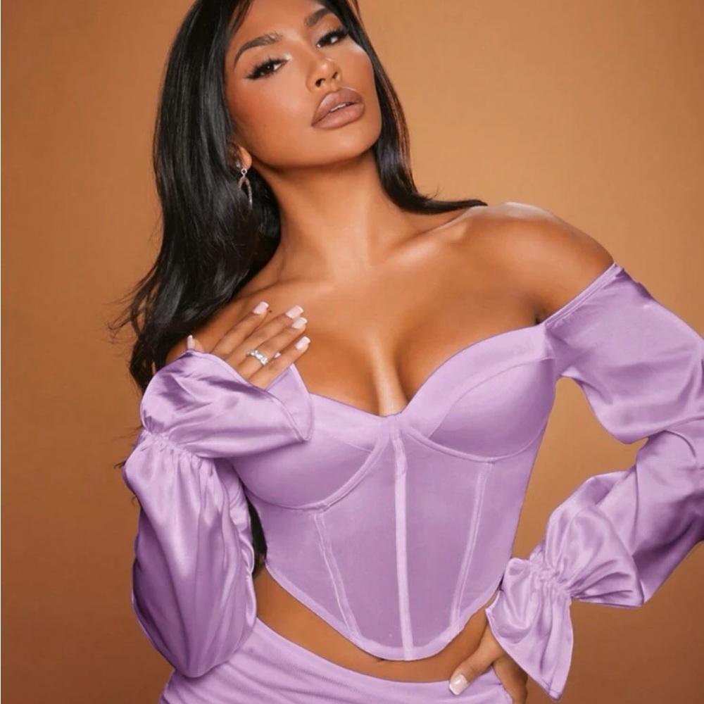 Off Shoulder Flare Sleeve Asymmetrical Hem Satin Blouse